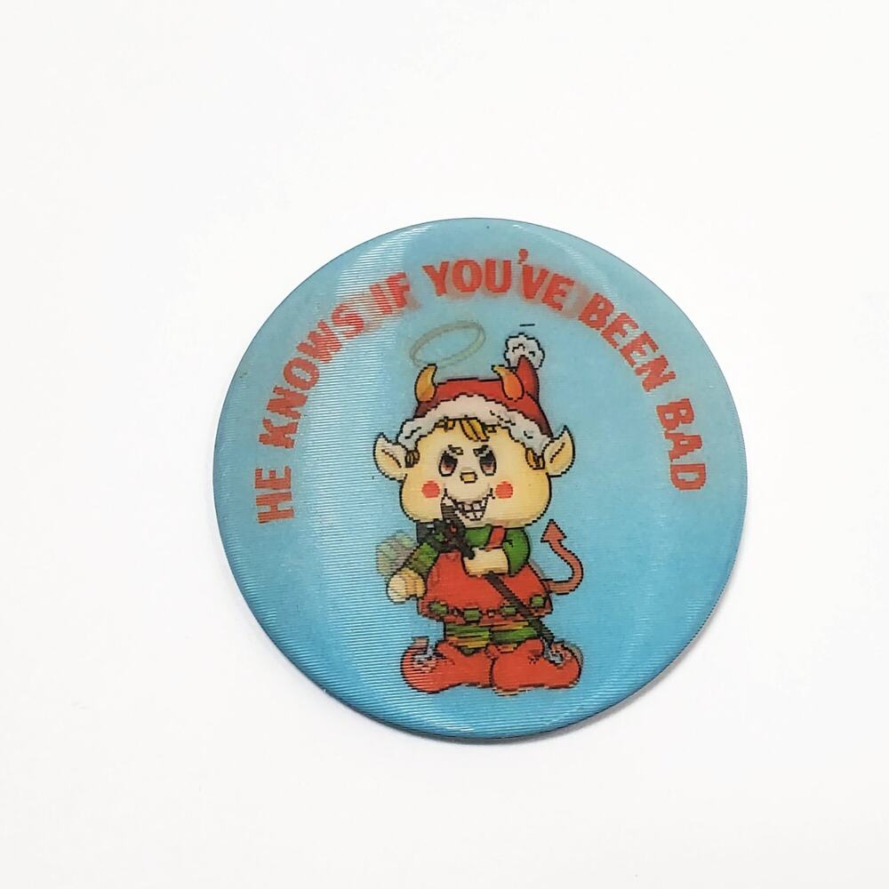 Russ Berrie "He knows if your BAD or GOOD " Christmas Lenticular Pinback Button